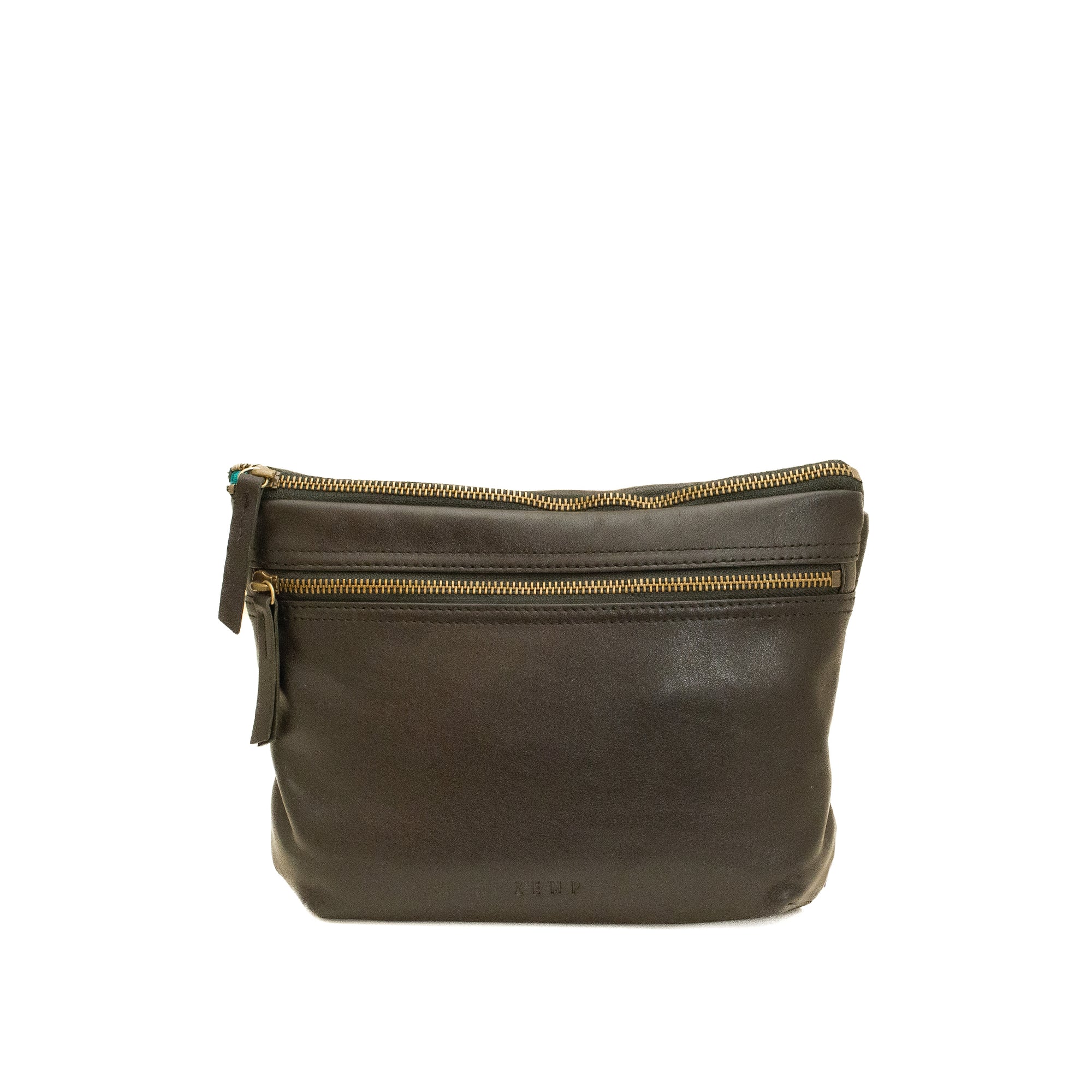 Brown leather crossbody bag with gold zipper on a white background