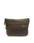 Brown leather crossbody bag with gold zipper on a white background