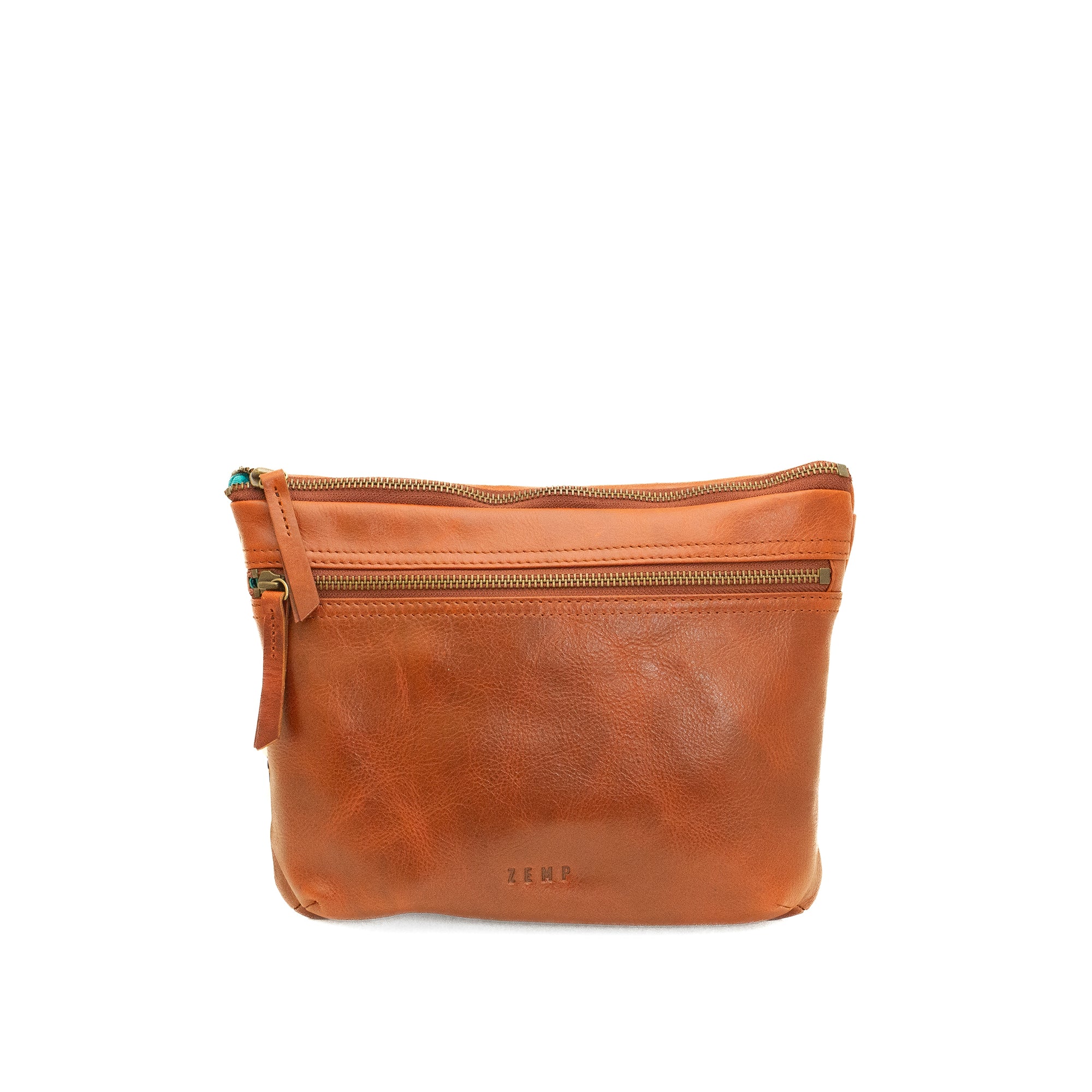 Brown leather pouch with a zipper on a white background