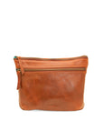 Brown leather pouch with a zipper on a white background