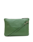 Green leather clutch bag with a strap on a white background