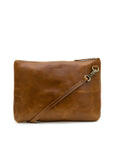Brown leather clutch bag with a strap on a white background