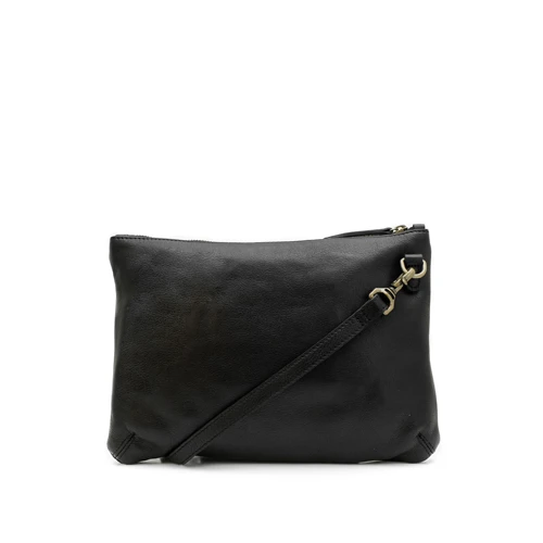 Black leather crossbody bag with a gold zipper on a white background
