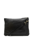 Black leather crossbody bag with a gold zipper on a white background