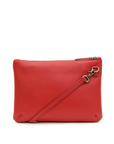 Red leather clutch bag with a strap on a white background