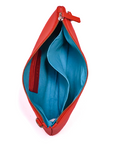 Red zipper pouch with blue interior on a white background
