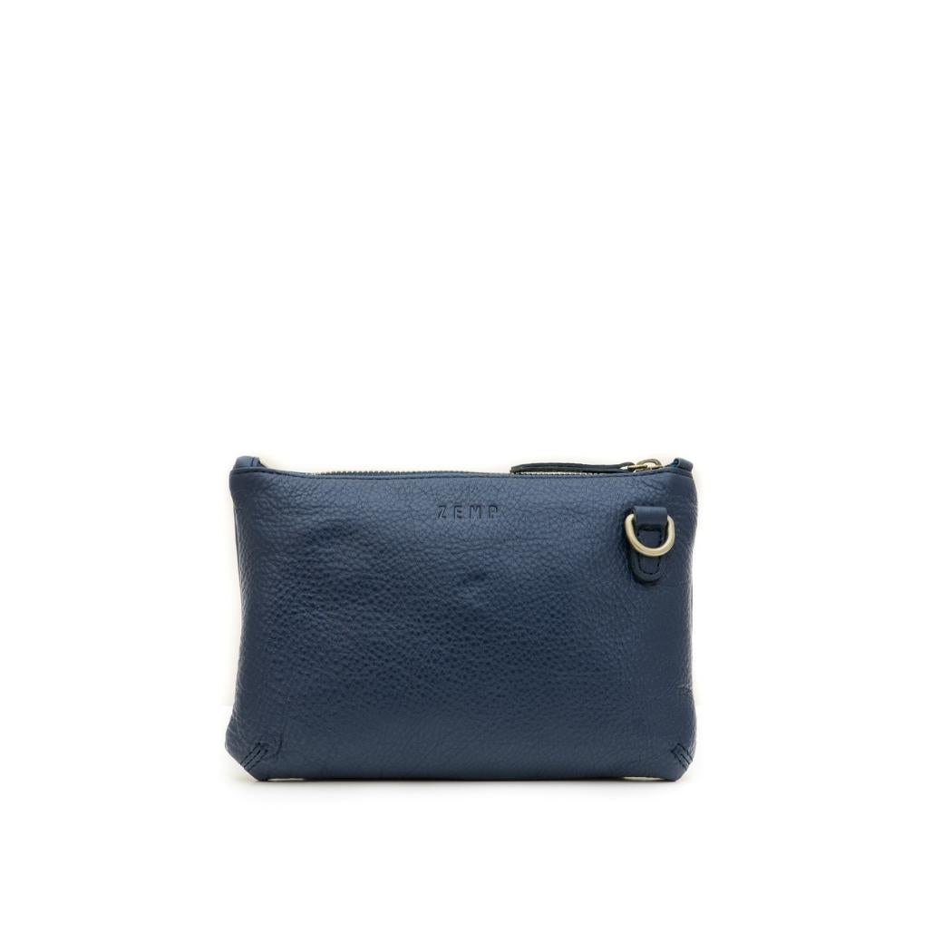 Navy blue leather pouch with a gold zipper on a white background
