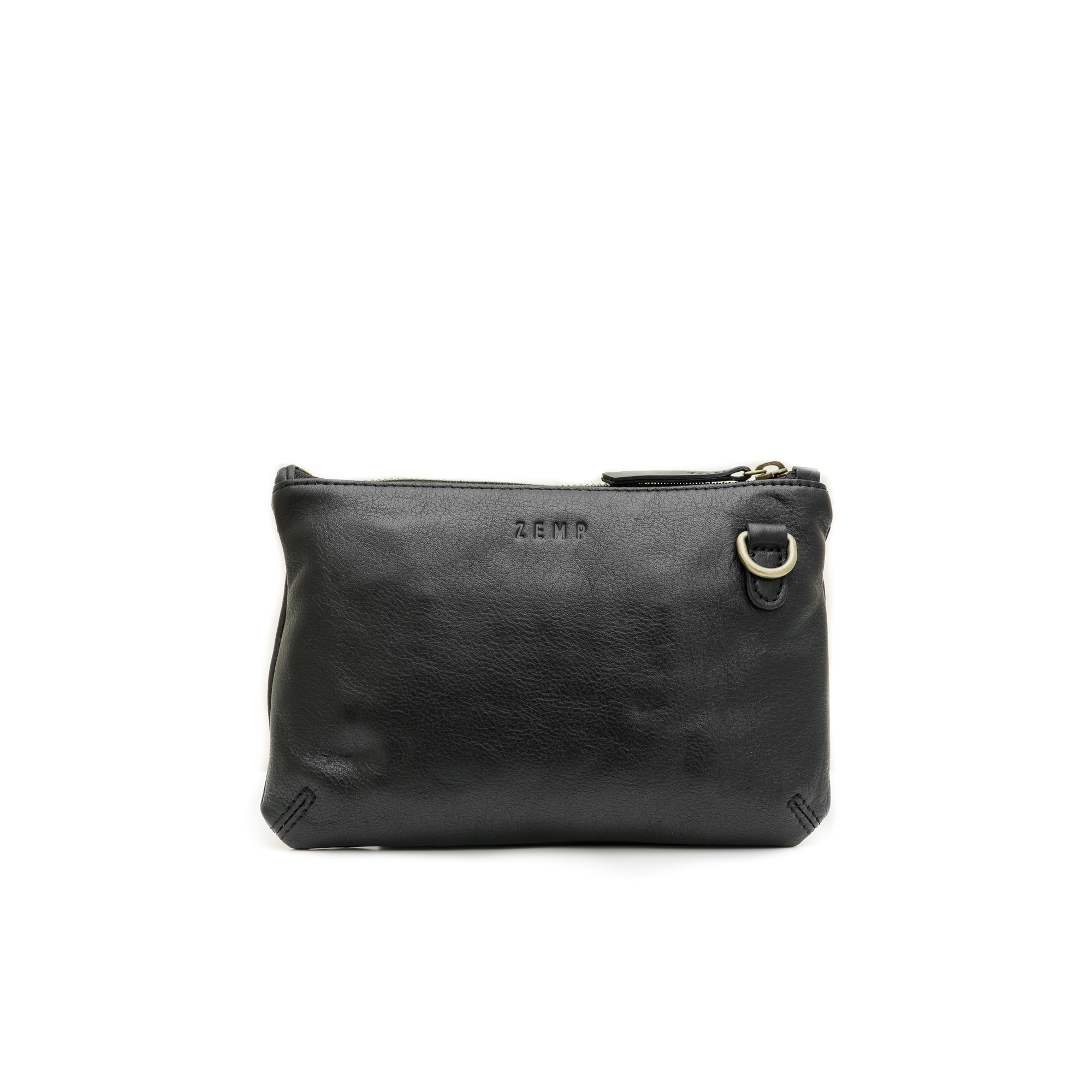 Black leather clutch bag with gold zipper on a white background