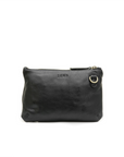 Black leather clutch bag with gold zipper on a white background