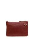 Red leather pouch with a gold buckle on a white background