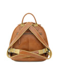 Brown leather backpack with gold straps on a white background