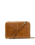 A tan leather zip-around wallet with a matching leather shoulder strap and gold-tone hardware, featuring the debossed brand name 'ZEMP' on the front, set against a plain white background.