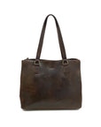 Brown leather handbag with a strap on a white background