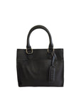 Black leather handbag with a crossbody strap on a white background