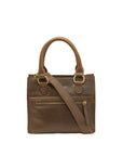 Brown leather handbag with a crossbody strap on a white background