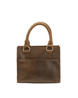Brown leather handbag with gold hardware on a white background