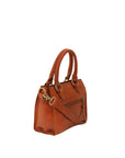 Brown leather handbag with gold accents on a white background