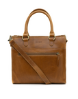 Brown leather tote bag with a shoulder strap on a white background