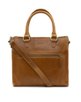 Brown leather handbag with a shoulder strap on a white background