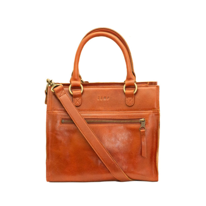 Brown leather handbag with a shoulder strap on a white background