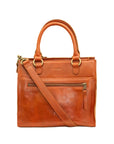 Brown leather handbag with a shoulder strap on a white background