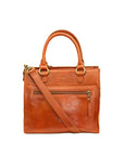 Brown leather handbag with a shoulder strap on a white background