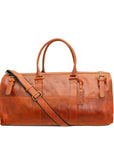 Brown leather duffel bag with a shoulder strap on a white background