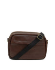 Brown leather shoulder bag with a black strap on a white background