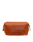 Brown leather toiletry bag on a white background