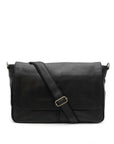 Black leather shoulder bag on a white background