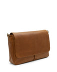 Brown leather messenger bag on a white background
