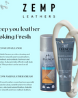Zemp Leathers advertisement with Dasco leather care products on a light blue background.