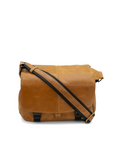 Brown leather messenger bag with black strap on a white background