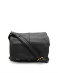 Black leather messenger bag on a white background