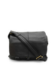 Black leather messenger bag on a white background