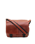 Brown leather messenger bag with black strap on a white background