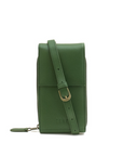 Green leather crossbody bag with a strap on a white background