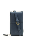 Navy blue leather crossbody bag on a white background