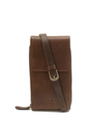 Brown leather phone case with strap on a white background