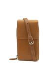 Tan leather crossbody bag with a strap on a white background