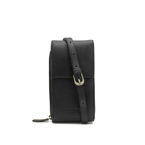 Black leather crossbody bag with a strap on a white background