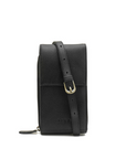 Black leather crossbody bag with a strap on a white background