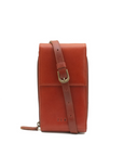Brown leather crossbody bag with a strap on a white background
