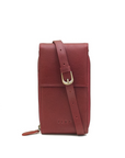 Red leather crossbody bag with a strap on a white background