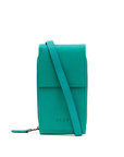 Teal crossbody bag with a strap on a white background