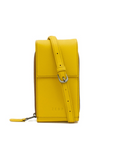 Yellow leather crossbody bag with a strap on a white background