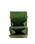 Green leather wallet with gold zipper on a white background