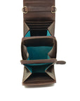 Brown leather wallet with teal interior on a white background