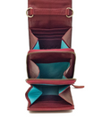 Open maroon leather wallet with teal interior on a white background