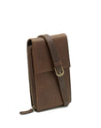 Brown leather pouch with strap on a white background